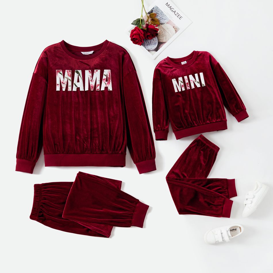 Mommy and Me Floral Letter Embroidery Drop Shoulder Long-sleeve Velvet Sweatshirts and Sweatpants Sets Redpurple