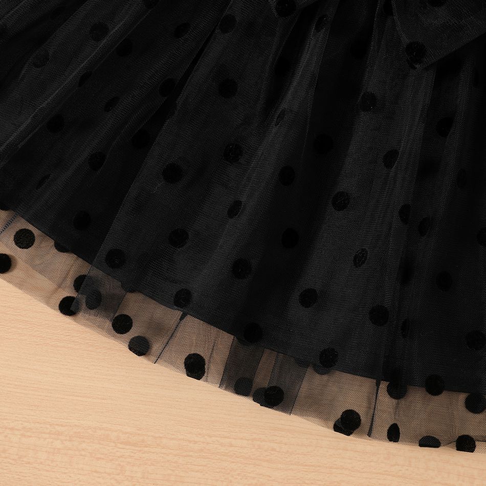 طفلة سوداء منقطة شبكة فستان طويل الأكمام القوس الجبهة أسود