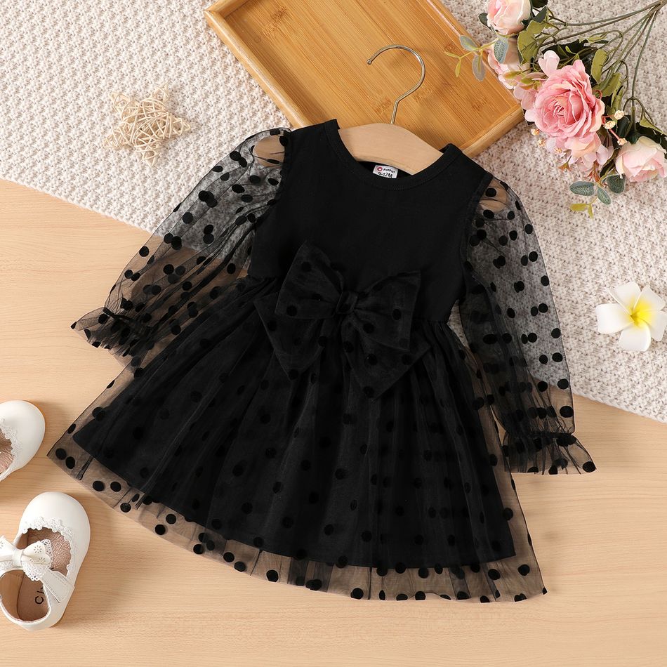 Baby Girl Black Polka Dot Mesh Long-sleeve Bow Front Dress Black big image 1