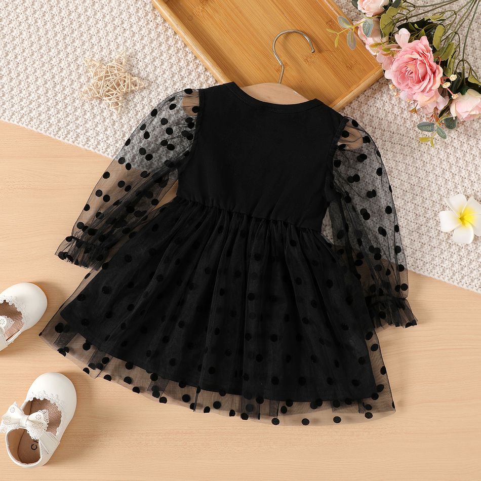 Baby Girl Black Polka Dot Mesh Long-sleeve Bow Front Dress Black big image 2