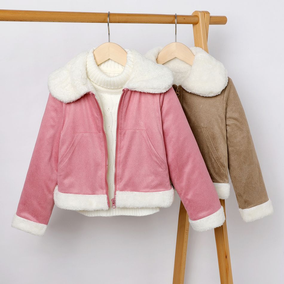 Kid Girl Lapel Collar Suede Fleece Lined Coat Pink big image 7