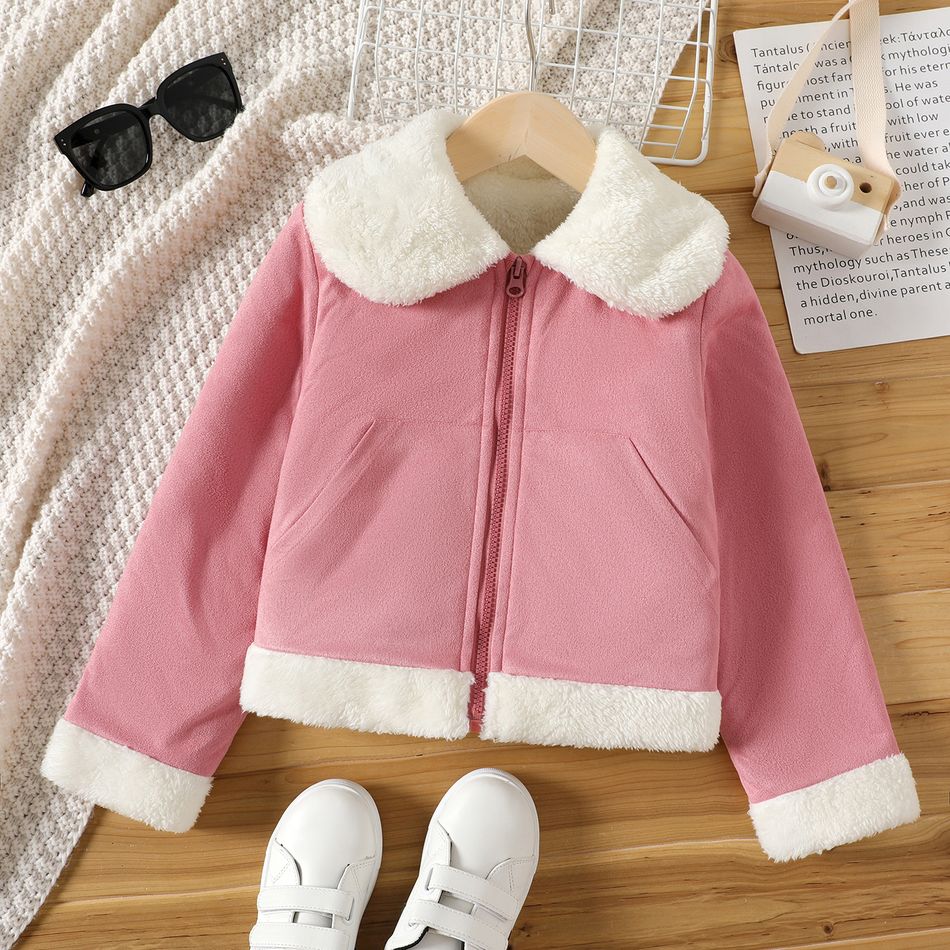 Kid Girl Lapel Collar Suede Fleece Lined Coat Pink big image 1