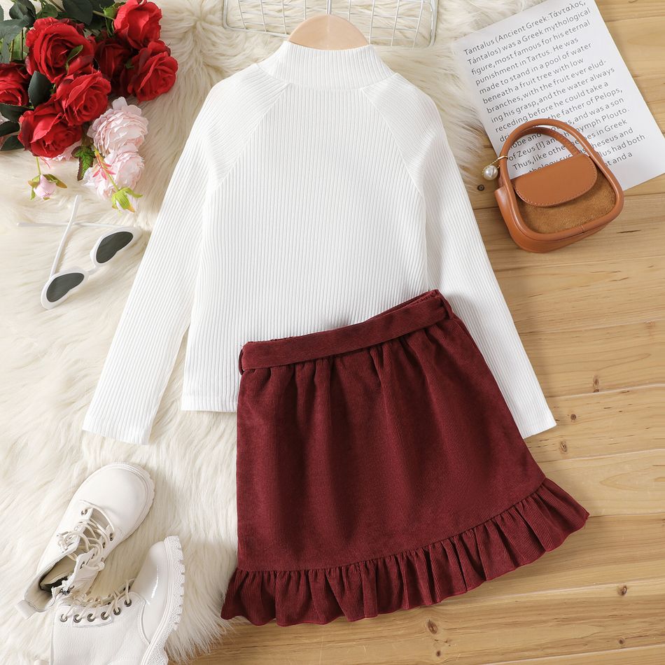 2pcs Kid Girl Mock Neck ButtonDesign White Tee and Ruffle Hem Skirt Set White big image 3