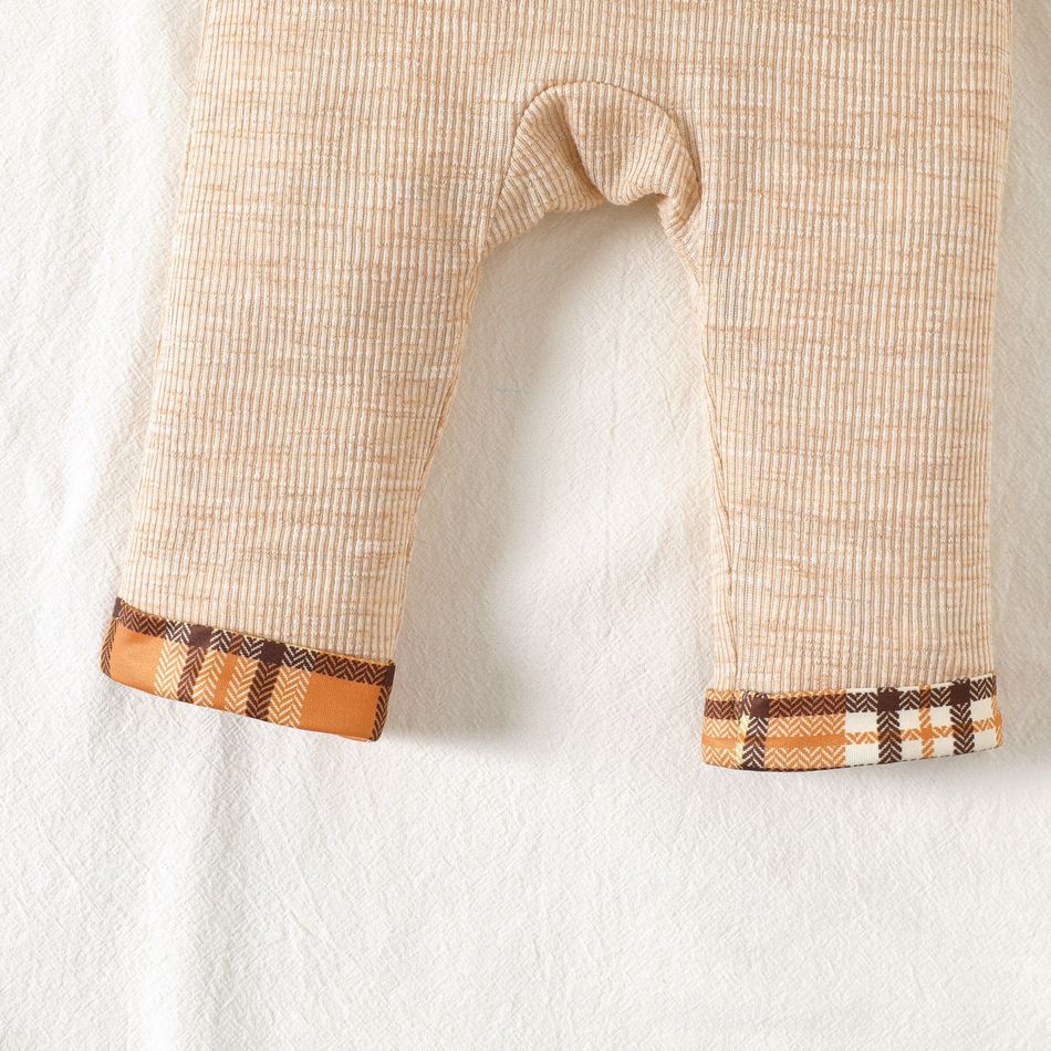 Baby Boy Plaid Bear Graphic Ribbed Overalls Apricot