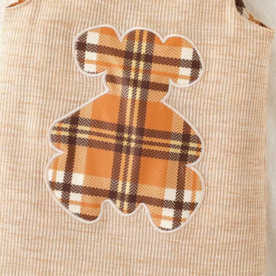 Baby Boy Plaid Bear Graphic Ribbed Overalls Apricot big image 4