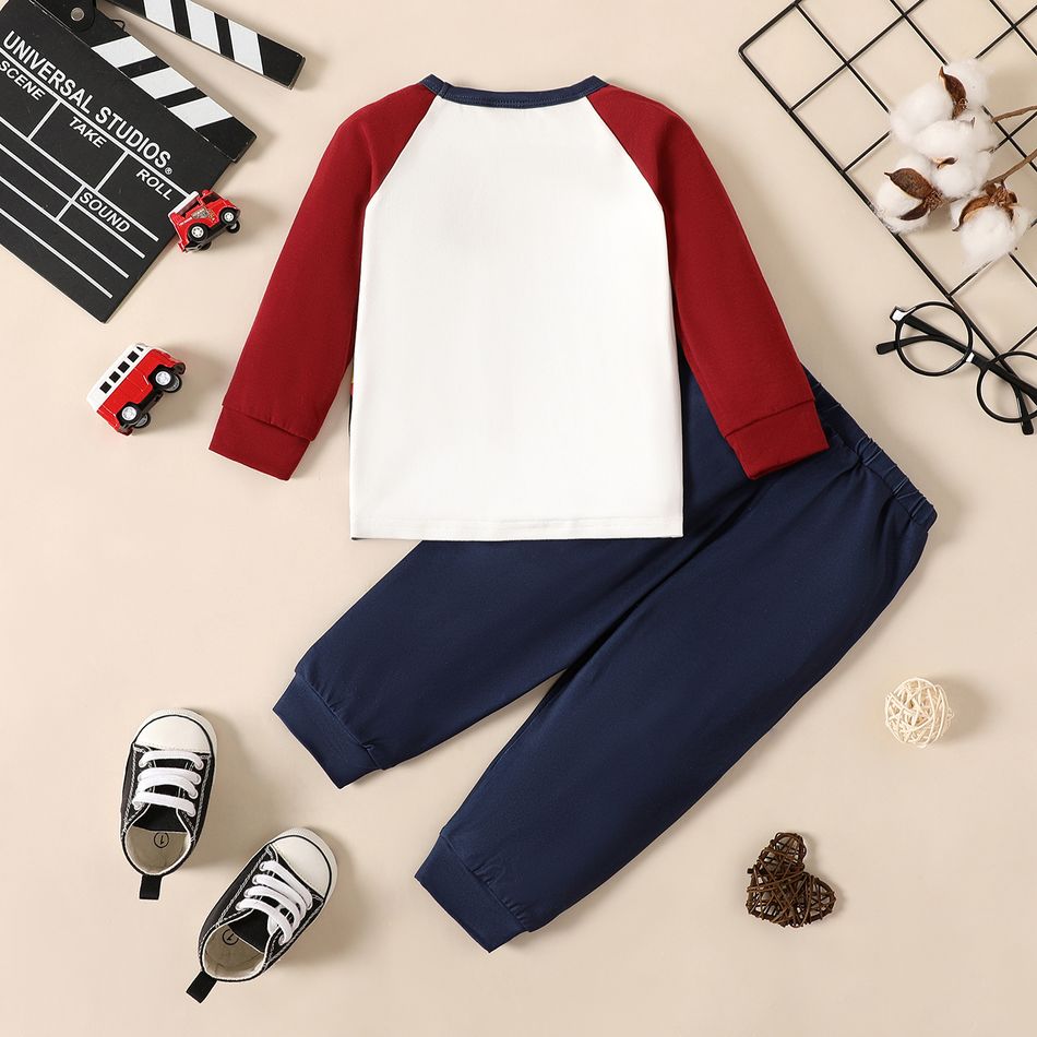 2pcs Baby Boy Vehicle Print Colorblock Raglan-sleeve Sweatshirt and Sweatpants Set WineRed big image 2
