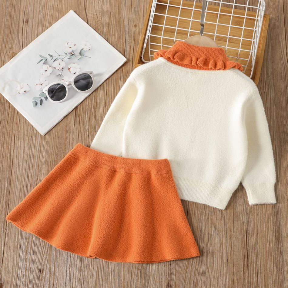 2pcs Toddler Girl Sweet Ruffled Doll Collar Knit Jacket and Blend Skirt Orange big image 3