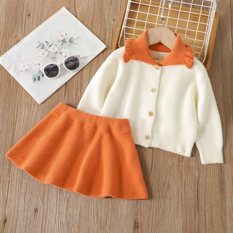 2pcs Toddler Girl Sweet Ruffled Doll Collar Knit Jacket and Blend Skirt Orange big image 2