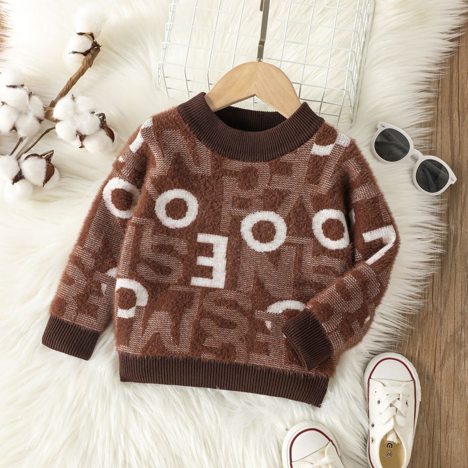 Toddler Boy Trendy Letter Print Mink Cashmere Sweater Coffee big image 1