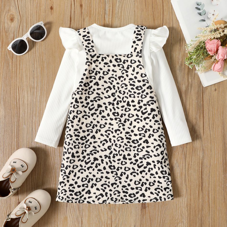 2pcs Toddler Girl Ruffled Ribbed Long-sleeve White Tee and Leopard Print Adjustable Overall Dress Set Apricot big image 2