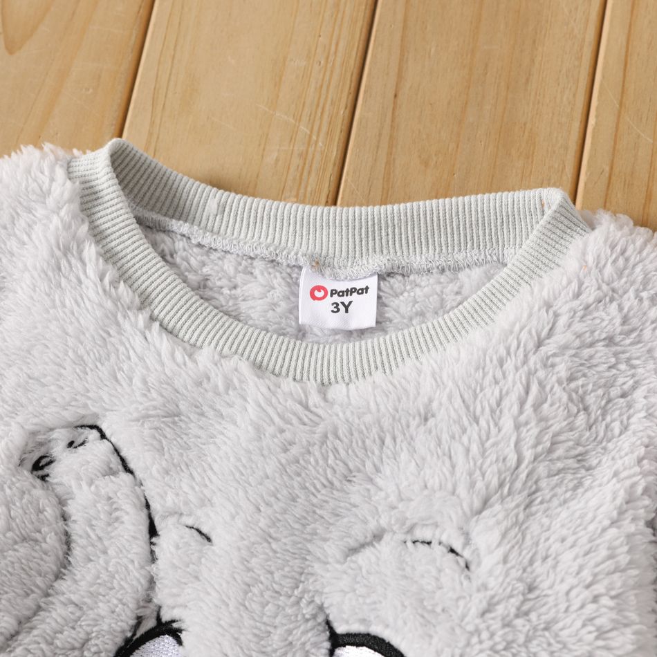 Toddler Boy Pretty Animal Embroidered Fleece Fluffy Sweatshirt Light Grey big image 5