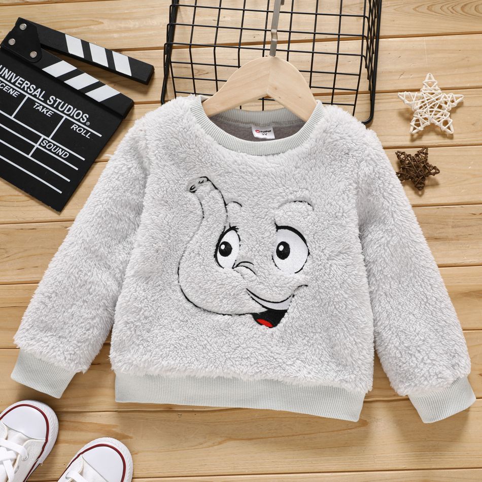 Toddler Boy Pretty Animal Embroidered Fleece Fluffy Sweatshirt Light Grey