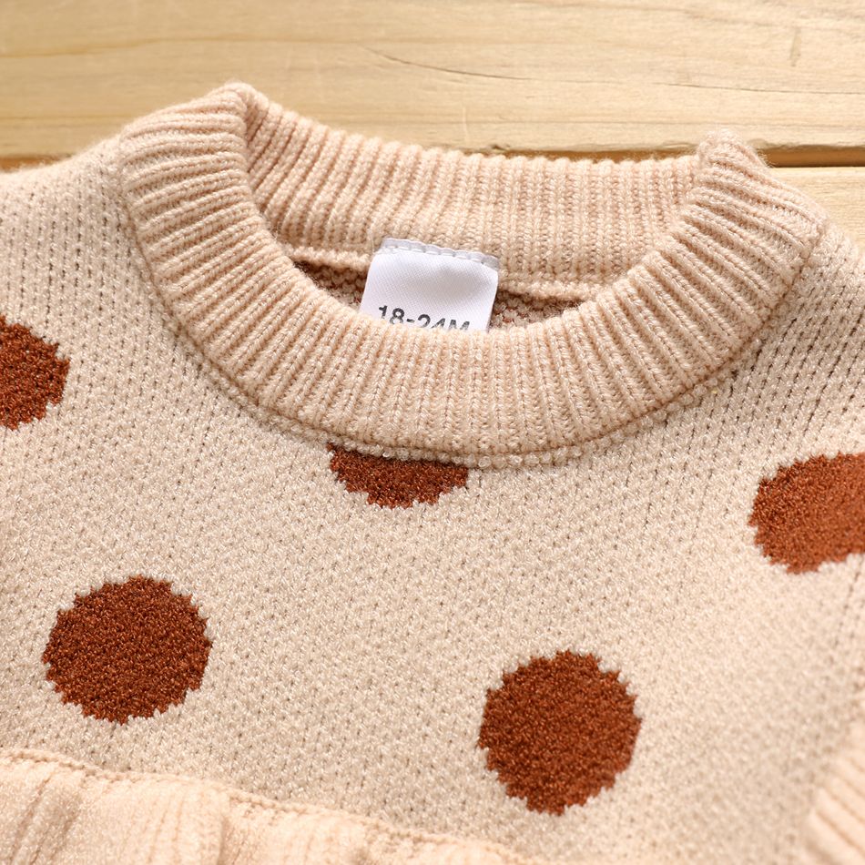 2pcs Toddler Girl Polka dots Ruffled Sweater and Pleated Skirt Set Brown big image 3