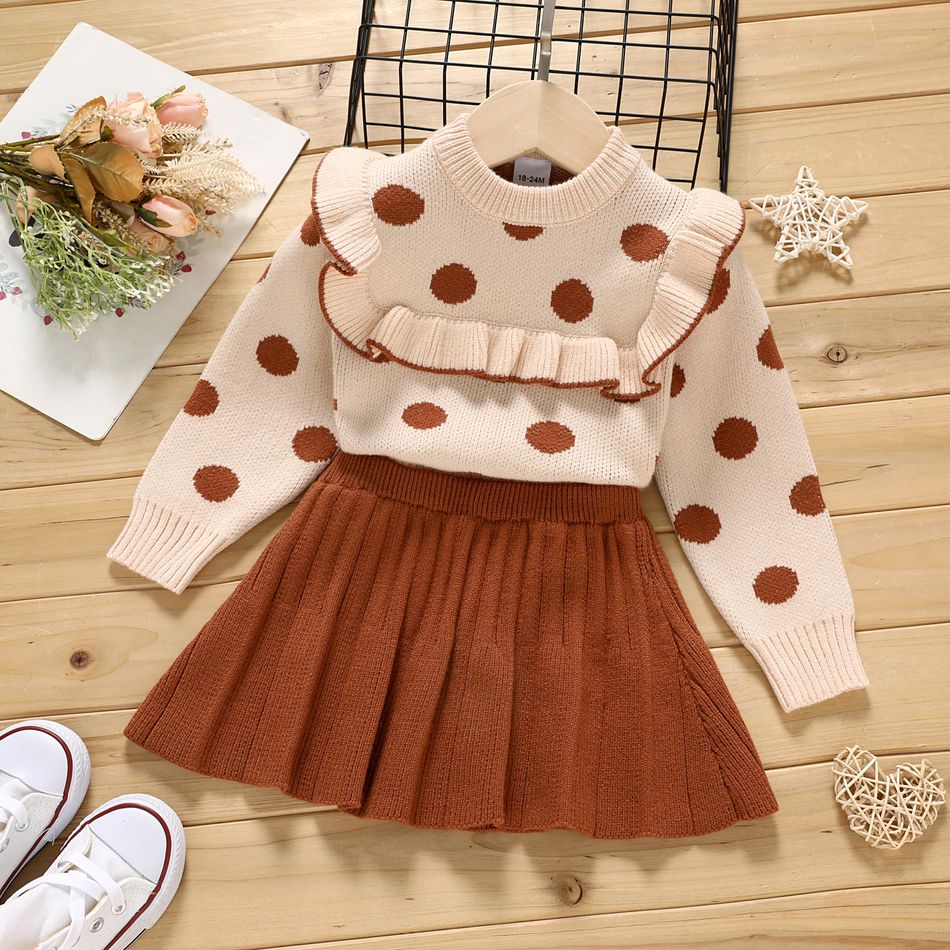 2pcs Toddler Girl Polka dots Ruffled Sweater and Pleated Skirt Set Brown big image 1