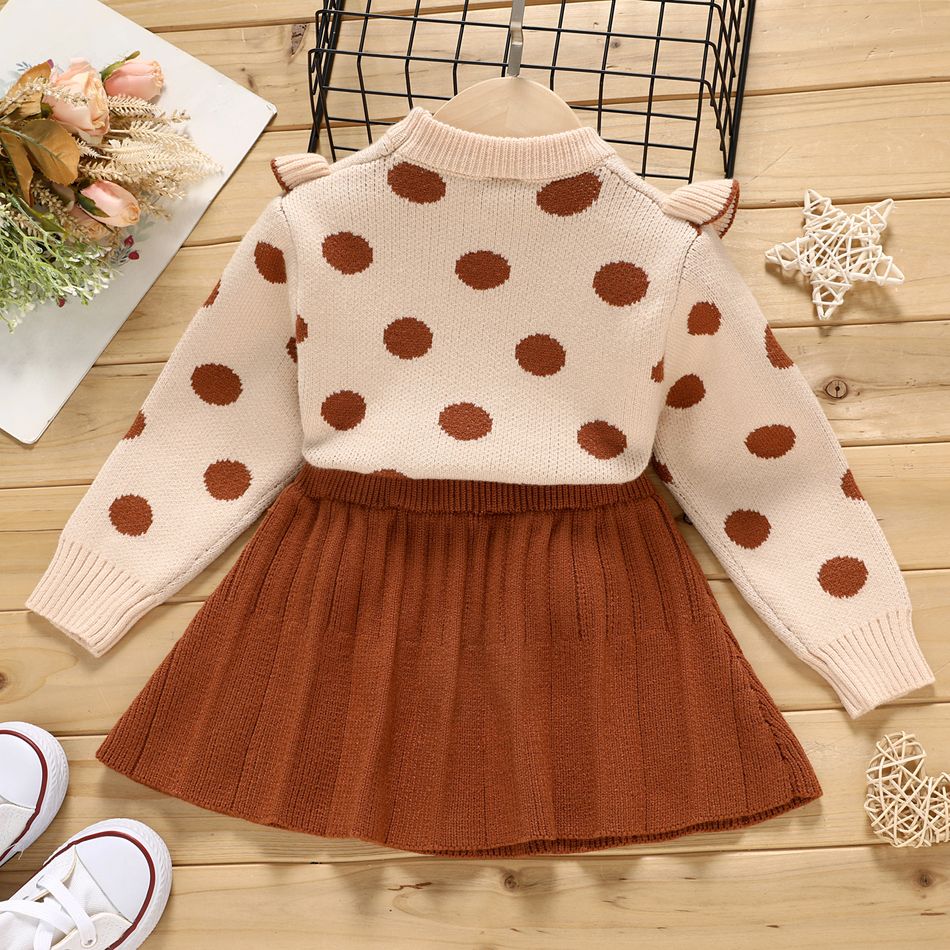 2pcs Toddler Girl Polka dots Ruffled Sweater and Pleated Skirt Set Brown big image 2