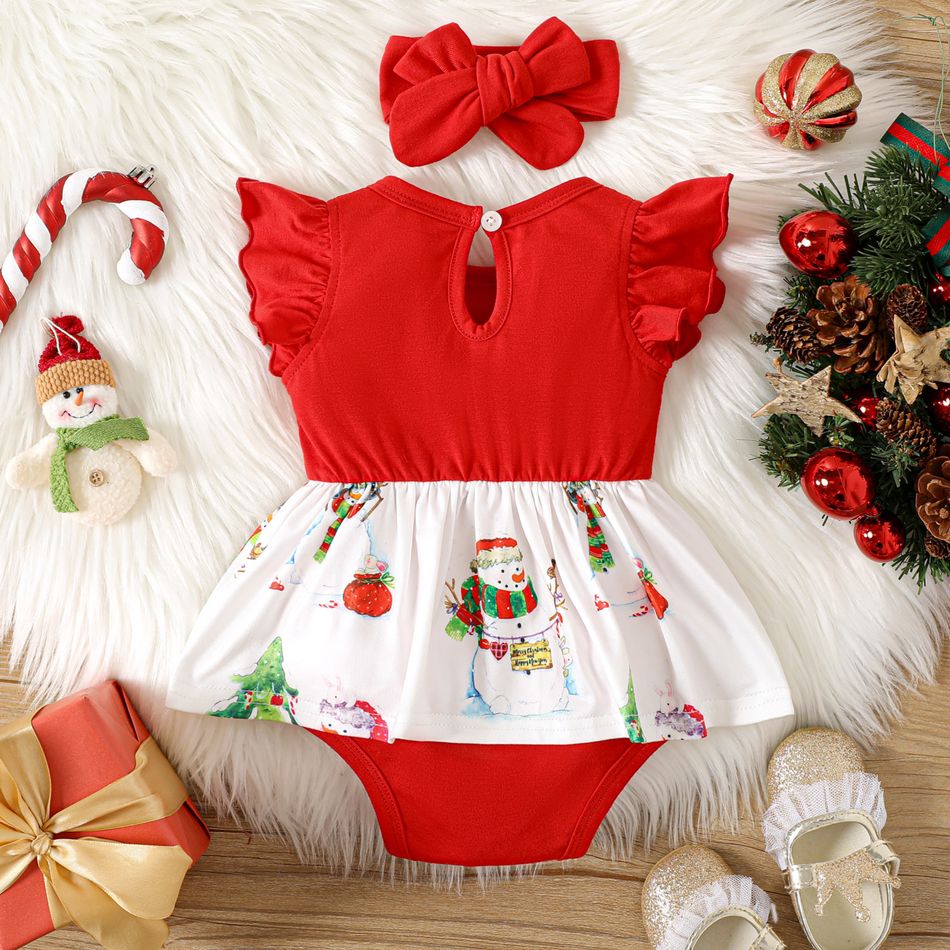 Christmas 2pcs Baby Girl Snowman Print Bow Front Spliced Red Flutter-sleeve Romper with Headband Set REDWHITE big image 2