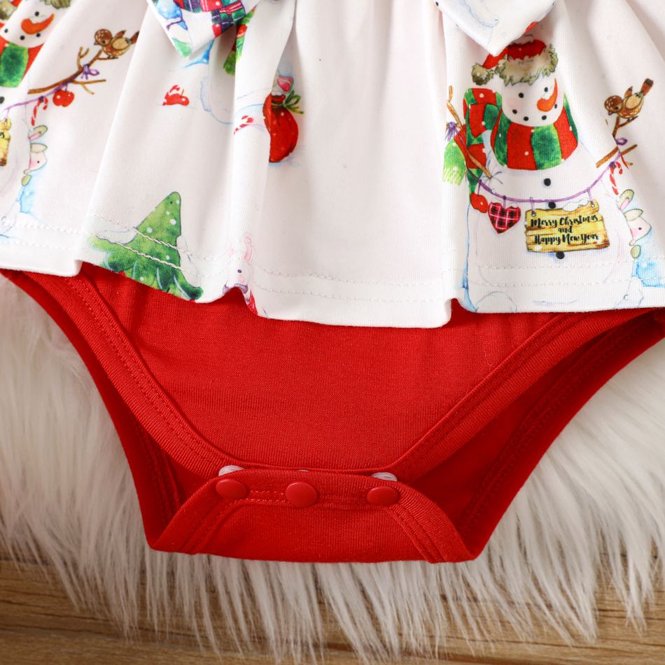 Christmas 2pcs Baby Girl Snowman Print Bow Front Spliced Red Flutter-sleeve Romper with Headband Set REDWHITE big image 5
