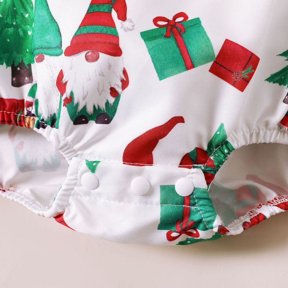 Christmas 2pcs Baby Girl 100% Cotton Red Ruffle Trim Spliced Allover Print Romper with Headband Set ColorBlock big image 5