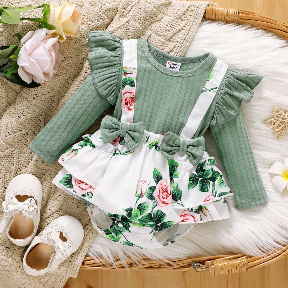 Baby Girl Green Rib Knit Ruffle Trim Bow Front Spliced Floral Print Long-sleeve Romper Mint Green