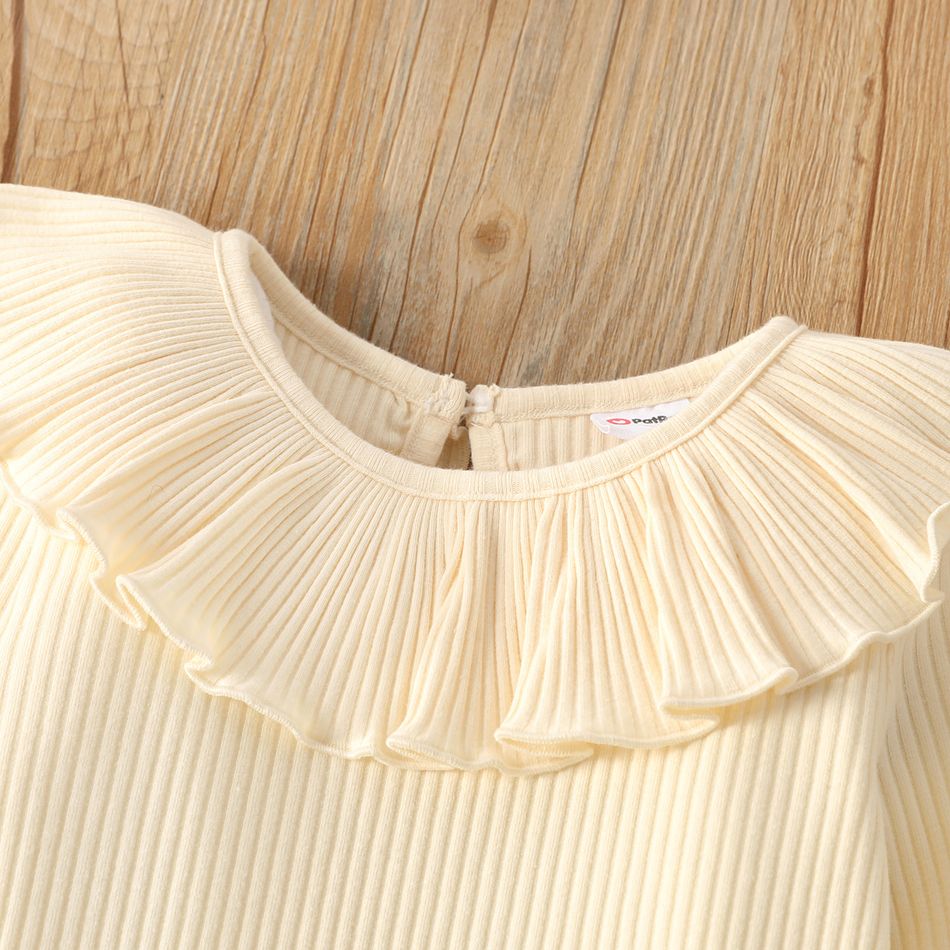2pcs Toddler Girl Solid Color Flounced Collar Cotton Long-sleeve Ribbed Tee and Pants Set BlanchedAlmond big image 3
