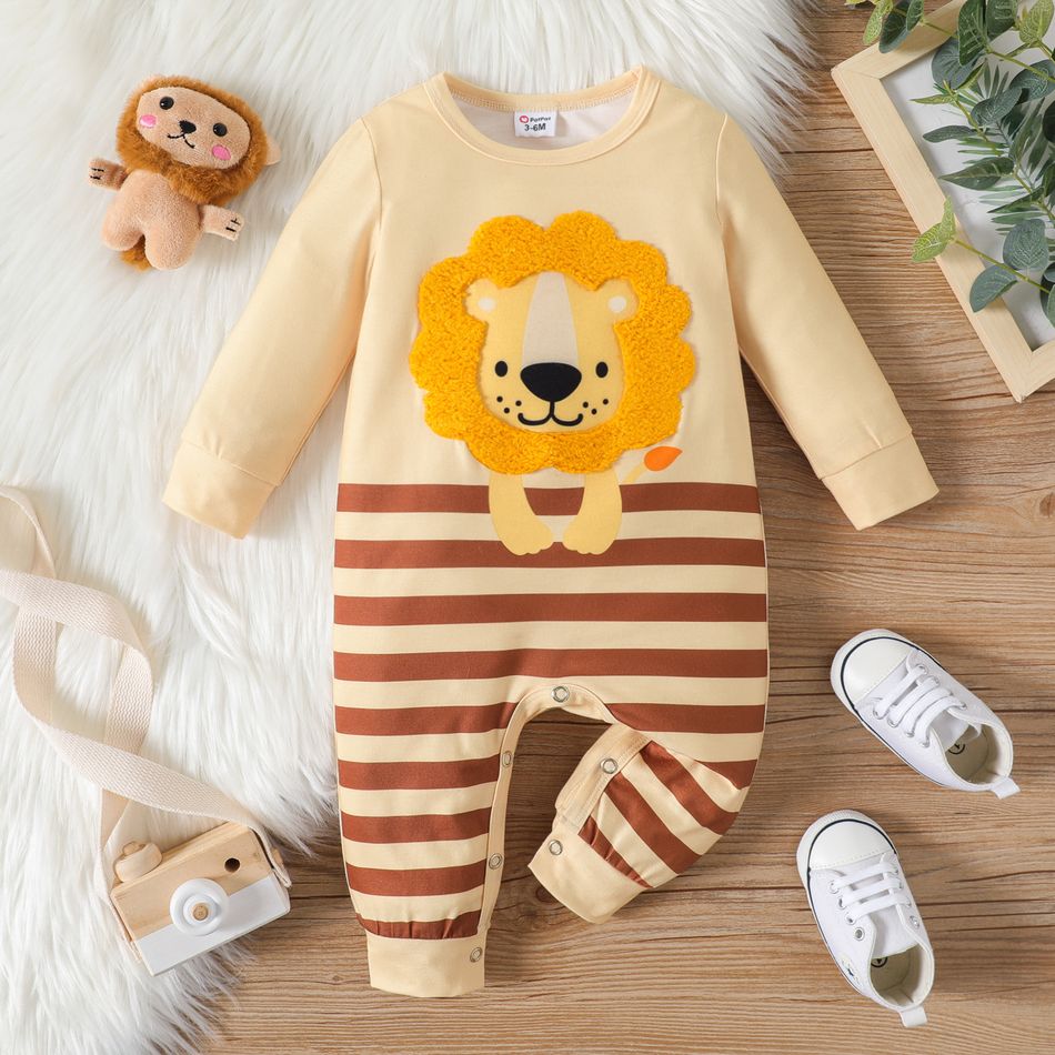 Baby Boy Lion Embroidered Striped Long-sleeve Jumpsuit Creamcolored big image 1