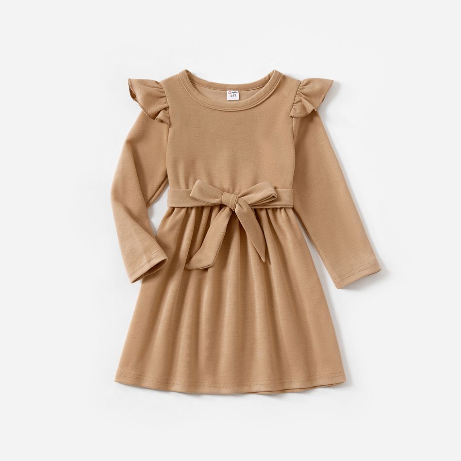 Mommy and Me Solid Rib Knit V Neck Belted Long-sleeve Bodycon Dress Creamcolored big image 3