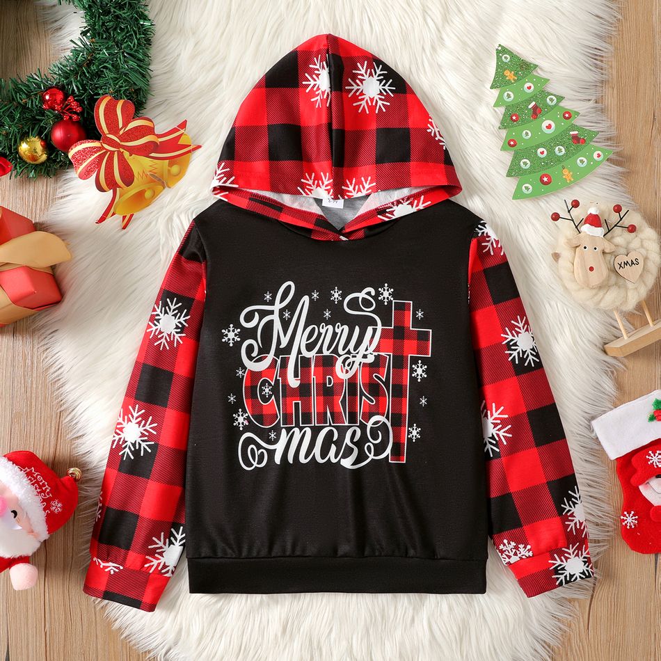 Kid Boy/Kid Girl Christmas Snowflake Print Plaid Splice Hoodie Sweatshirt Black