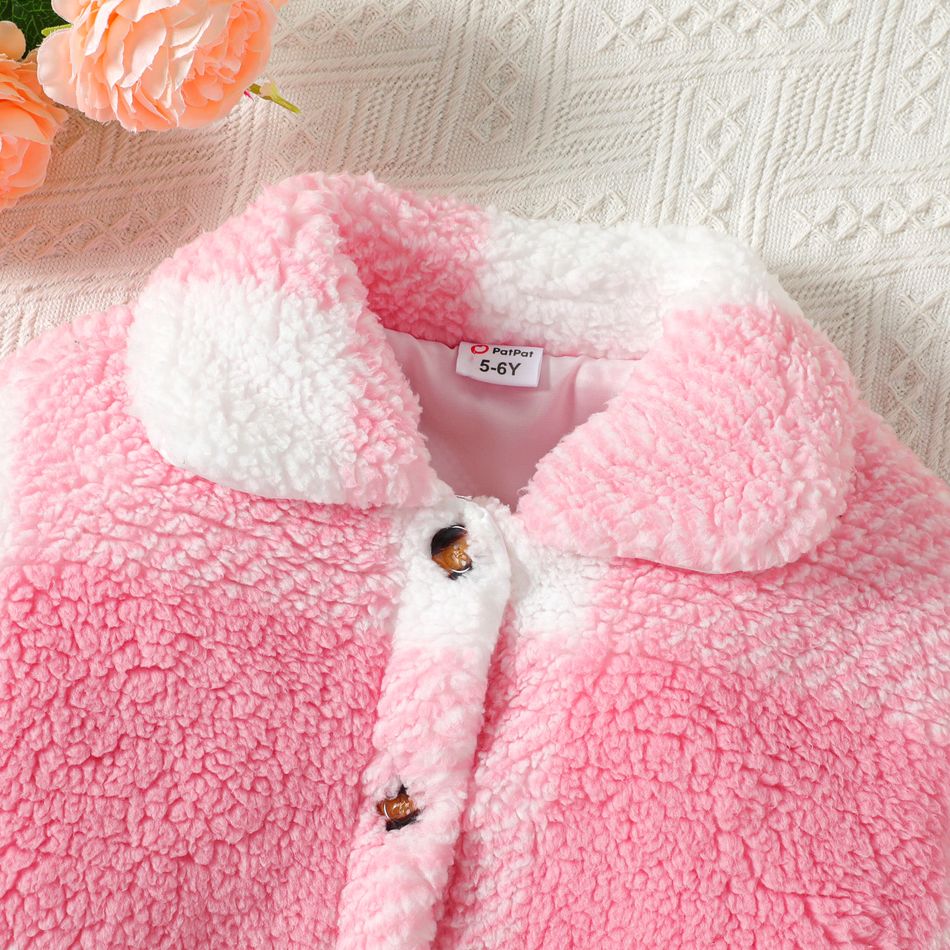 Kid Girl Lapel Collar Button Design Flannel Fleece Jacket Pink big image 2