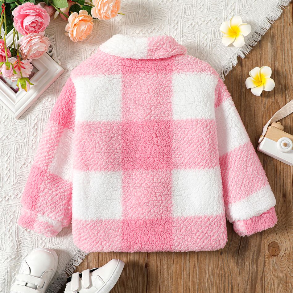 Kid Girl Lapel Collar Button Design Flannel Fleece Jacket Pink big image 5