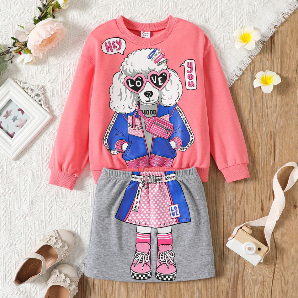 2pcs Kid Girl Character Print Pink Sweatshirt and Elasticized Skirt Set Pink big image 1