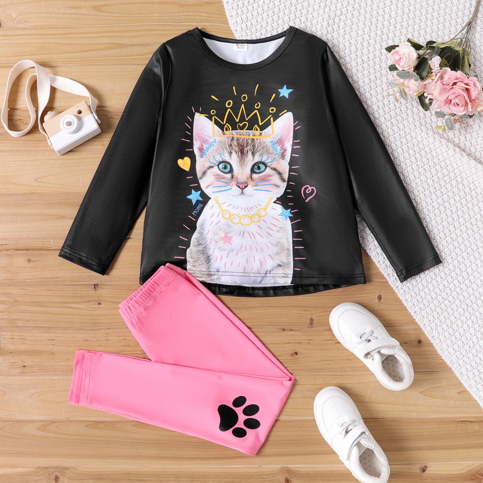 2pcs Kid Girl Cat Print Long-sleeve Tee and Paw Print Leggings Set Black