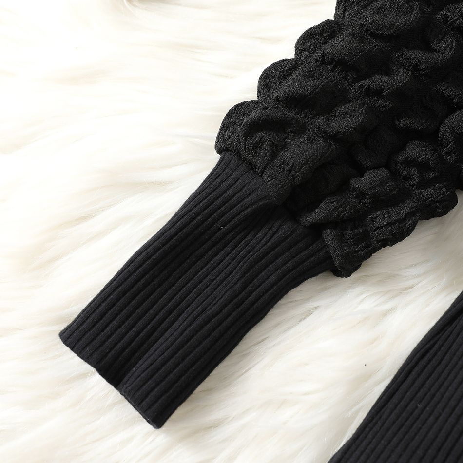 Kid Girl Solid Color Textured Ribbed Long-sleeve Cotton Dress Black big image 3