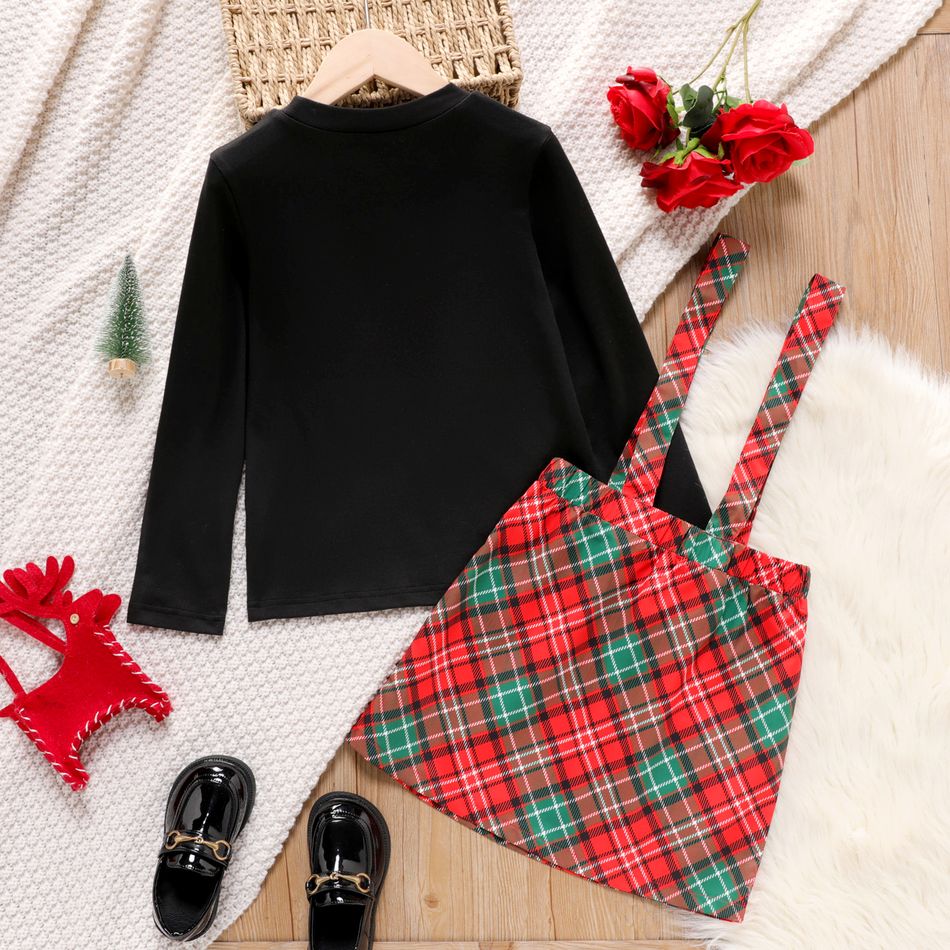 2pcs Kid Girl Christmas Long-sleeve Black Tee and Plaid Suspender Skirt Set Red big image 2