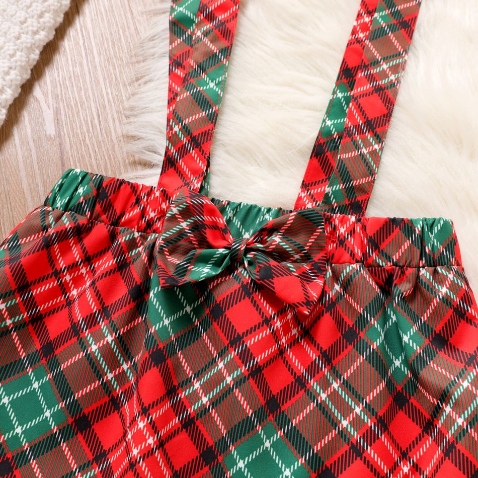2pcs Kid Girl Christmas Long-sleeve Black Tee and Plaid Suspender Skirt Set Red big image 4