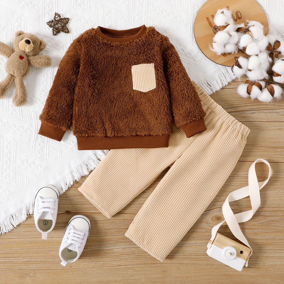 2pcs Baby Boy/Girl Brown Long-sleeve Fuzzy Sweatshirt and Corduroy Pants Set Brown