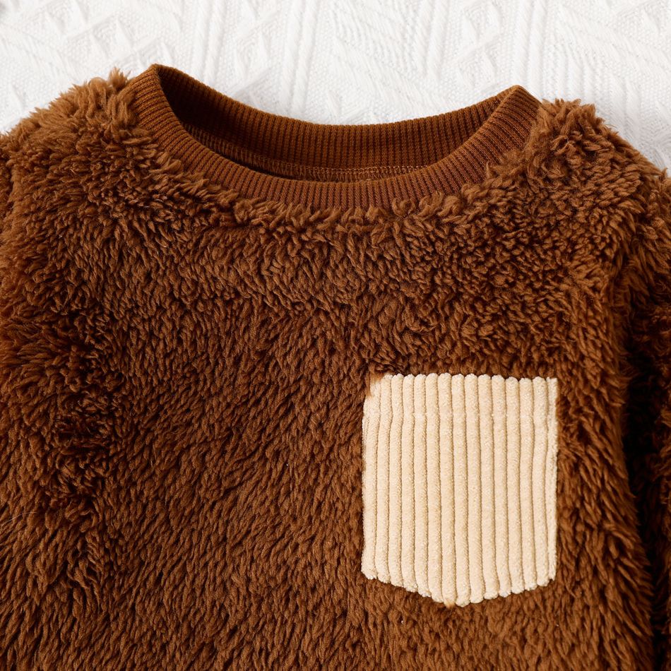 2pcs Baby Boy/Girl Brown Long-sleeve Fuzzy Sweatshirt and Corduroy Pants Set Brown big image 3