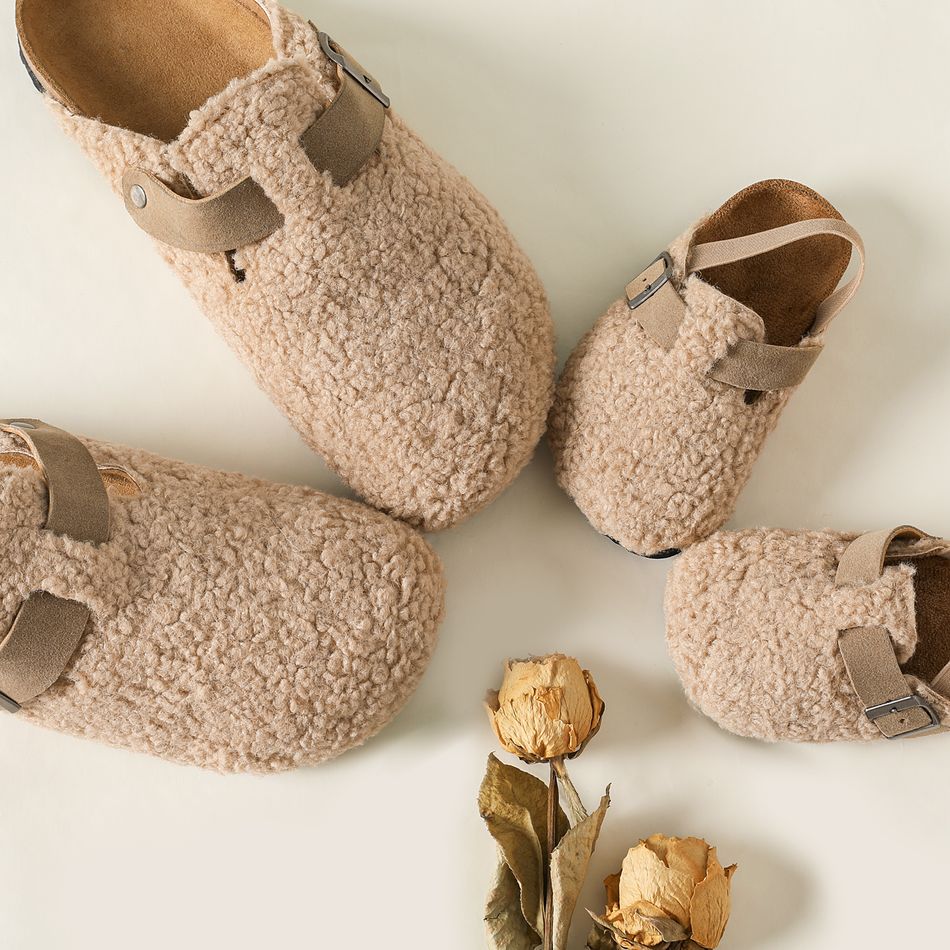 Family Matching Plush Buckle Footbed Sandals Apricot