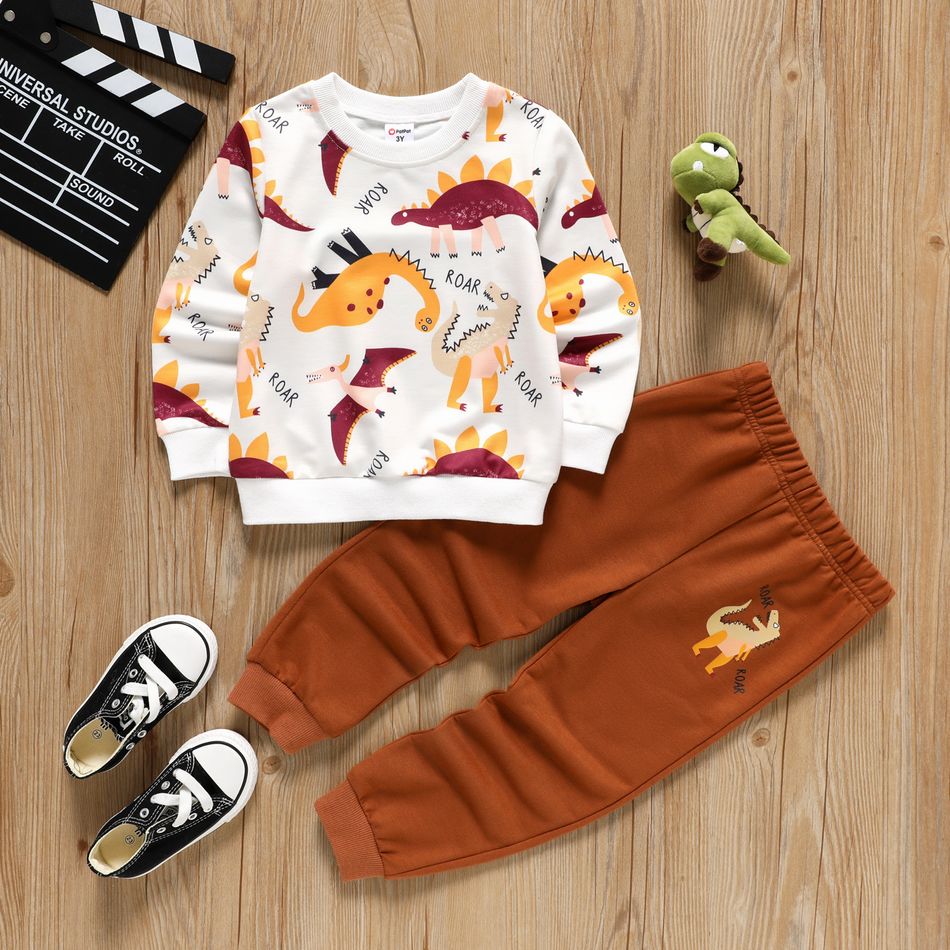 2pcs Toddler Boy Dinosaur Print Pullover Sweatshirt and Elasticized Brown Pants Set Colorful big image 1