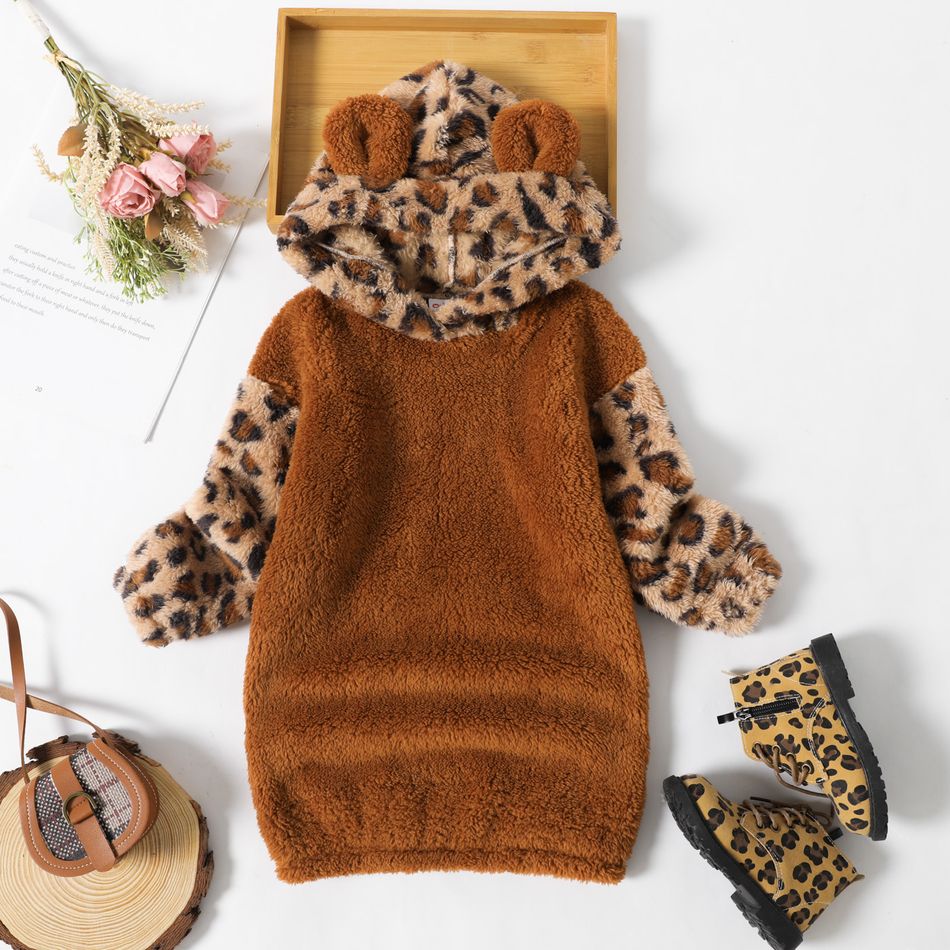 Toddler Girl Leopard Print Splice Fleece Hooded Sweatshirt Dress Brown big image 1