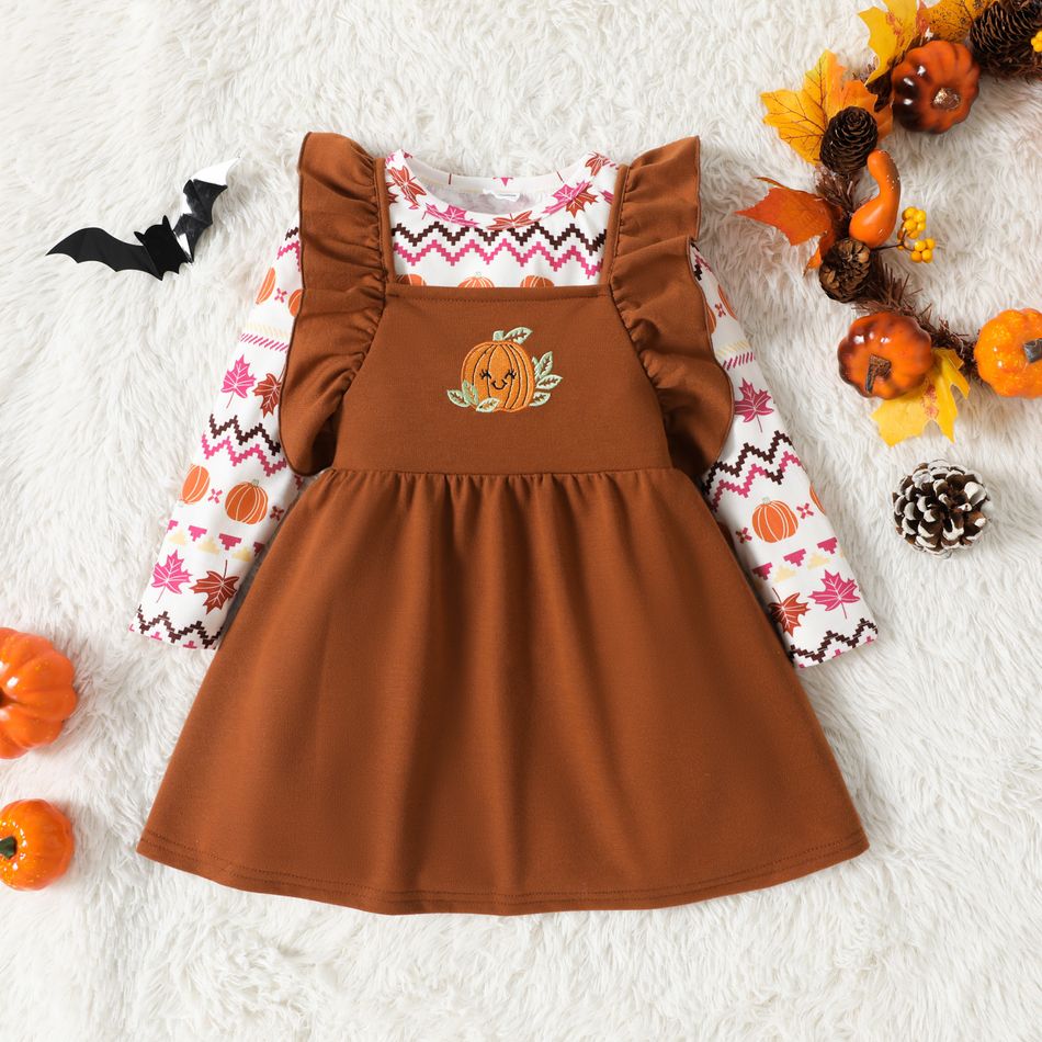 2pcs Toddler Girl Thanksgiving Allover Print Tee and Pumpkin Embroidered Overall Dress Set Brown big image 1