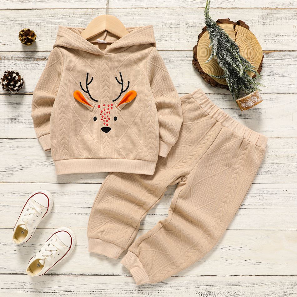 2pcs Toddler Boy Christmas Deer Pattern Textured Hoodie Sweatshirt and Elasticized Pants Set Khaki