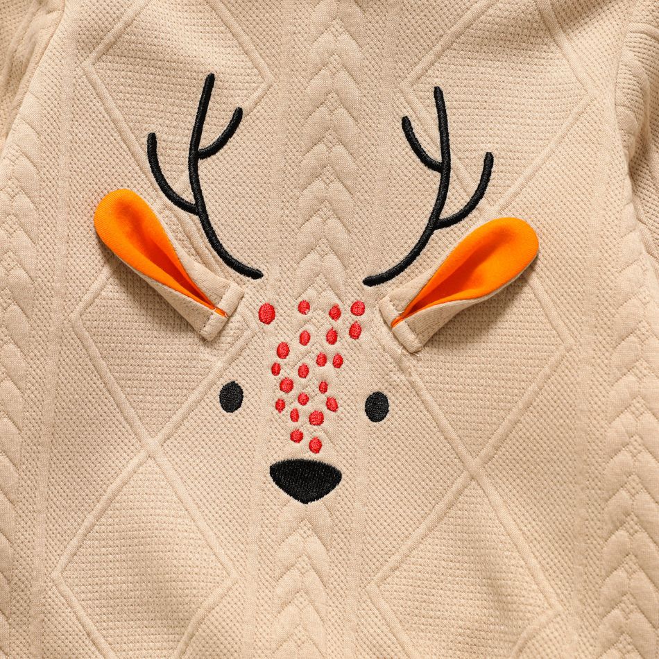 2pcs Toddler Boy Christmas Deer Pattern Textured Hoodie Sweatshirt and Elasticized Pants Set Khaki big image 3