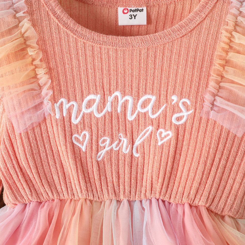 Toddler Girl Letter Print Ruffled Mesh Splice Long-sleeve Pink Dress pink big image 3