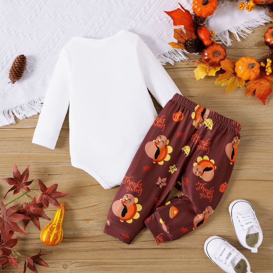 Thanksgiving Day 2pcs Baby Boy/Girl Turkey & Letter Print Long-sleeve Romper and Pants Set Brown big image 2