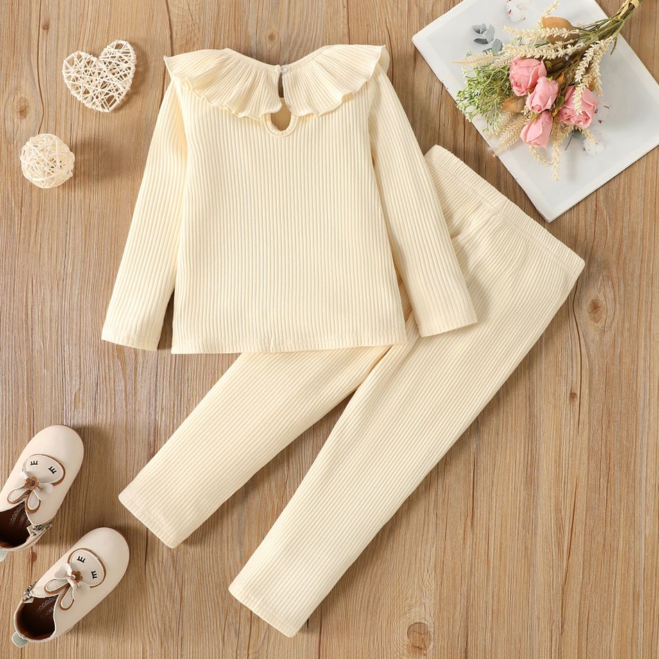 2pcs Toddler Girl Solid Color Flounced Collar Cotton Long-sleeve Ribbed Tee and Pants Set BlanchedAlmond big image 2