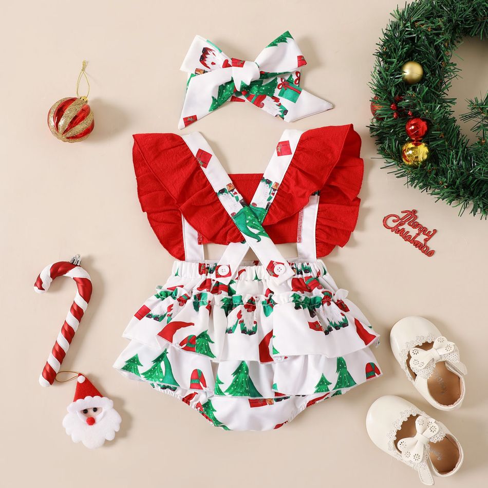 Christmas 2pcs Baby Girl 100% Cotton Red Ruffle Trim Spliced Allover Print Romper with Headband Set ColorBlock big image 2
