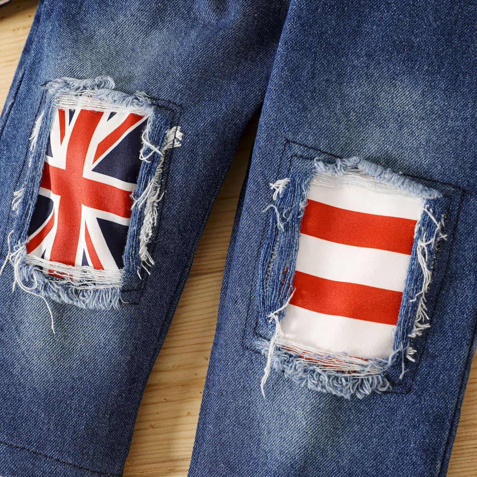 2pcs Baby Boy 100% Cotton Denim Union Jack Print Ripped Jeans and Long-sleeve Hoodie Set Tibetanblue big image 5
