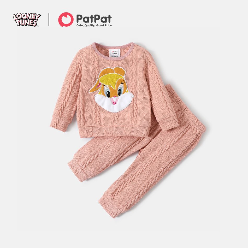 Looney Tunes 2pcs Baby Boy/Girl Animal Embroidered Long-sleeve Cable Knit Top and Pants Set Light Pink big image 1
