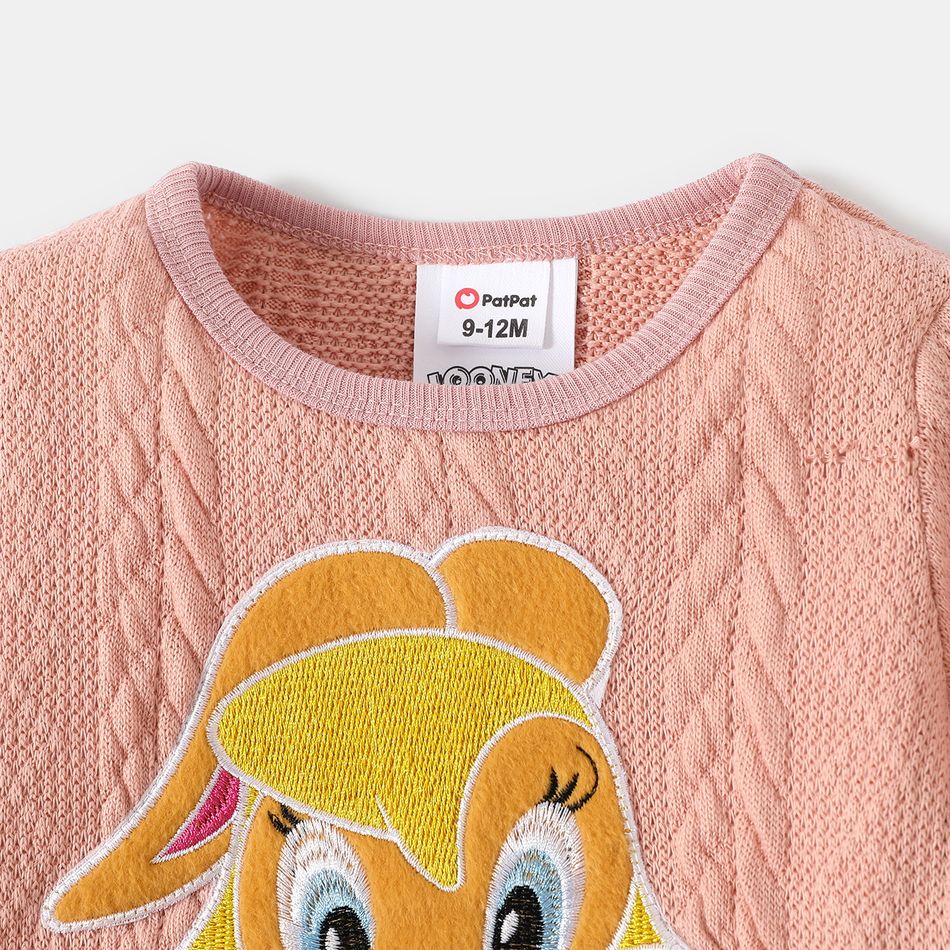 Looney Tunes 2pcs Baby Boy/Girl Animal Embroidered Long-sleeve Cable Knit Top and Pants Set Light Pink big image 3