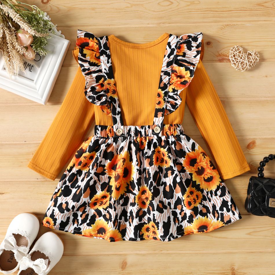 2pcs Toddler Girl Ribbed Long-sleeve Tee and Floral Print Ruffled Suspender Skirt Set Ginger-2 big image 2